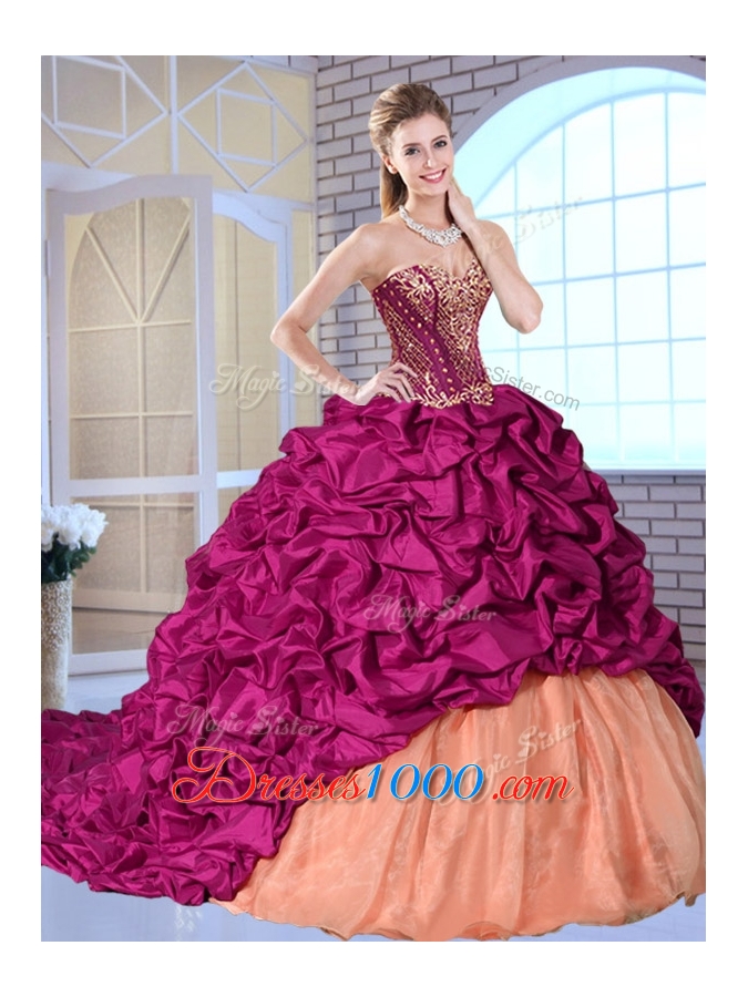 New Arrivals Brush Train Pick Ups and Appliques Quinceanera Gowns