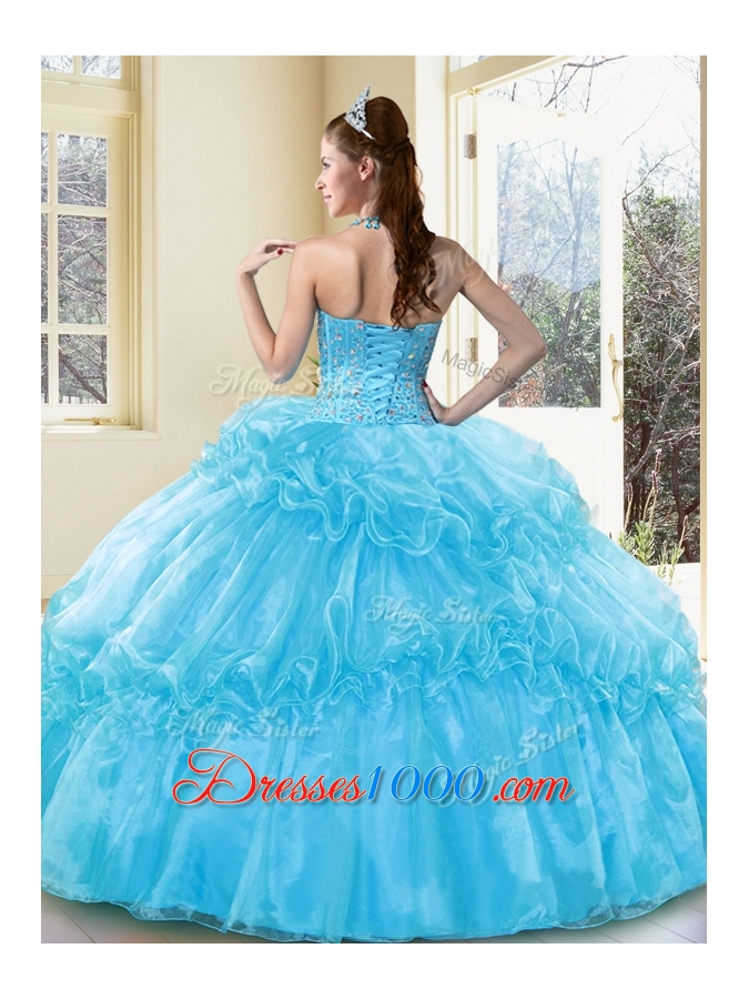 New Style Ball Gown Aqua Blue Sweet 16 Gowns with Beading and Ruffled Layers