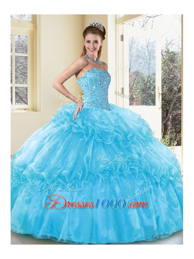 New Style Ball Gown Aqua Blue Sweet 16 Gowns with Beading and Ruffled Layers
