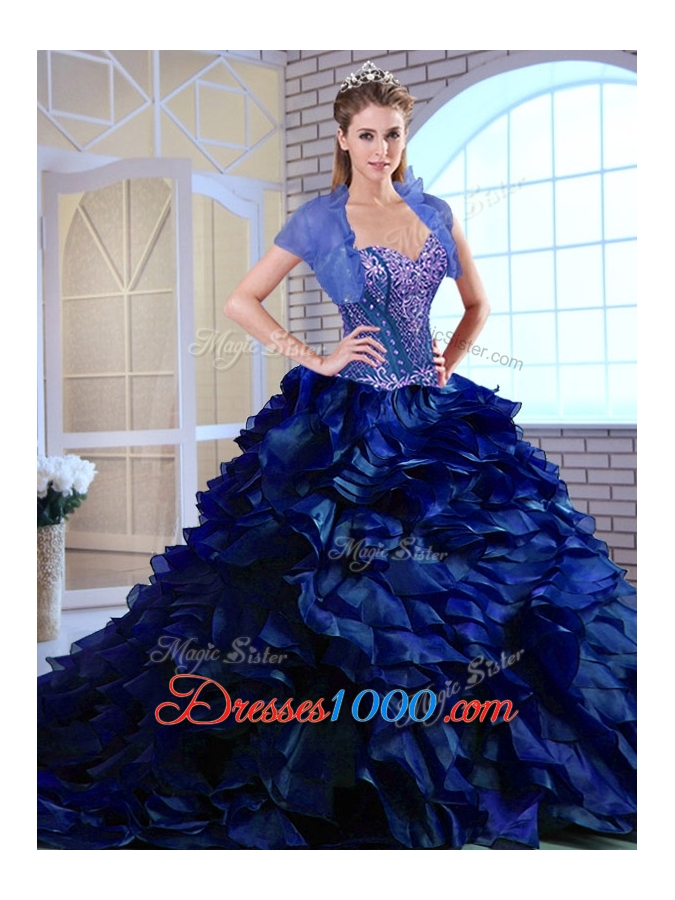 Perfect Brush Train Ruffles and Appliques Quinceanera Dresses in Royal Blue
