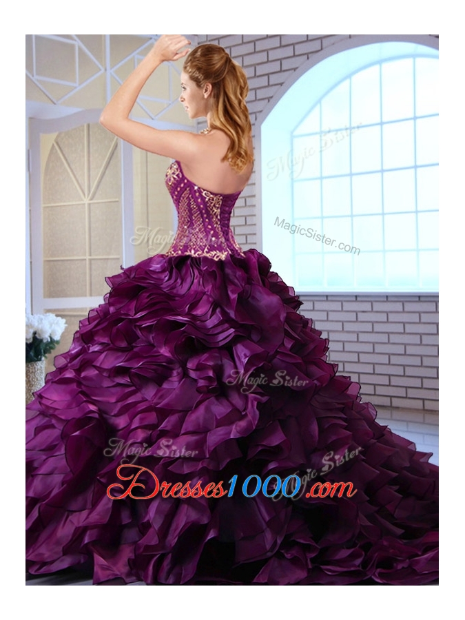 Perfect Brush Train Ruffles and Appliques Quinceanera Dresses in Royal Blue