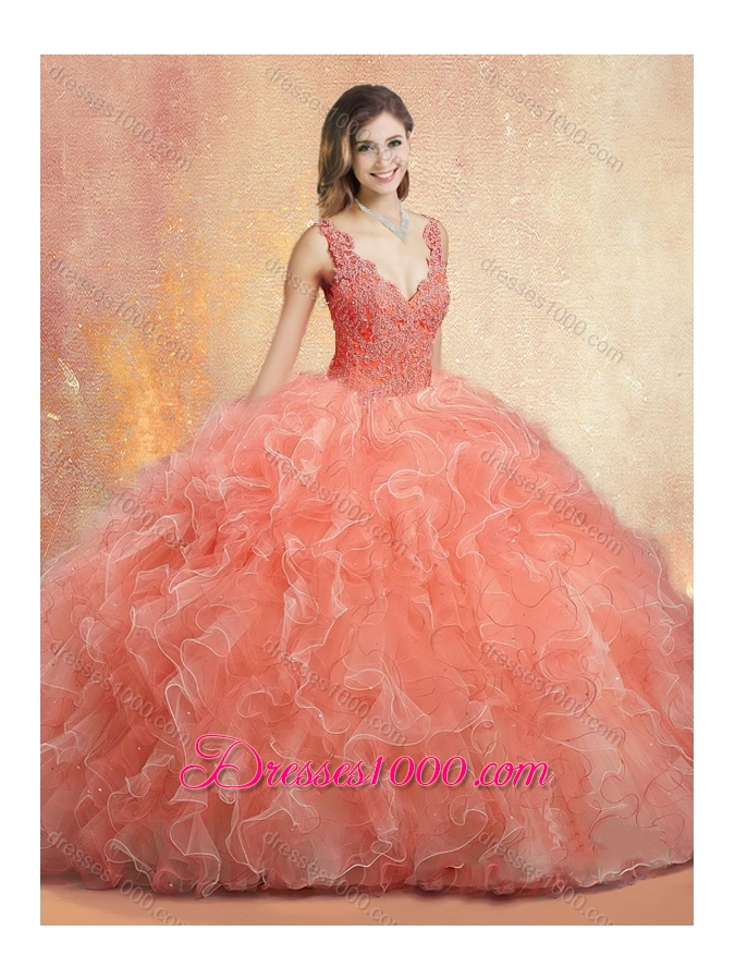 Pretty V Neck Sweet 16 Gowns with Ruffles and Appliques