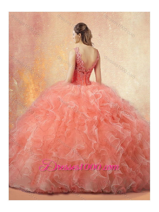 Pretty V Neck Sweet 16 Gowns with Ruffles and Appliques