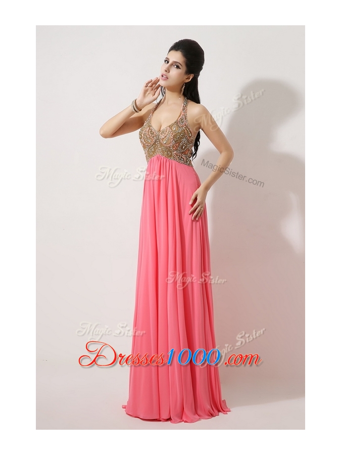 The Most Lovely Halter Top Brush Train Watermelon Red Prom Dresses