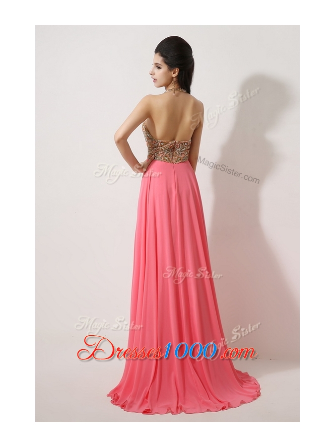 The Most Lovely Halter Top Brush Train Watermelon Red Prom Dresses