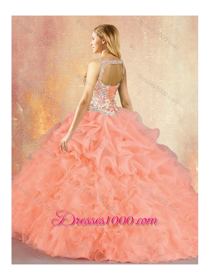 Customized Brush Train Sweet 16 Gowns with Ruffles and Pick Ups