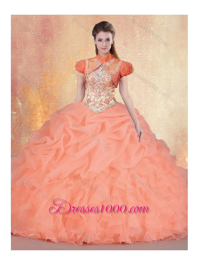 Customized Brush Train Sweet 16 Gowns with Ruffles and Pick Ups