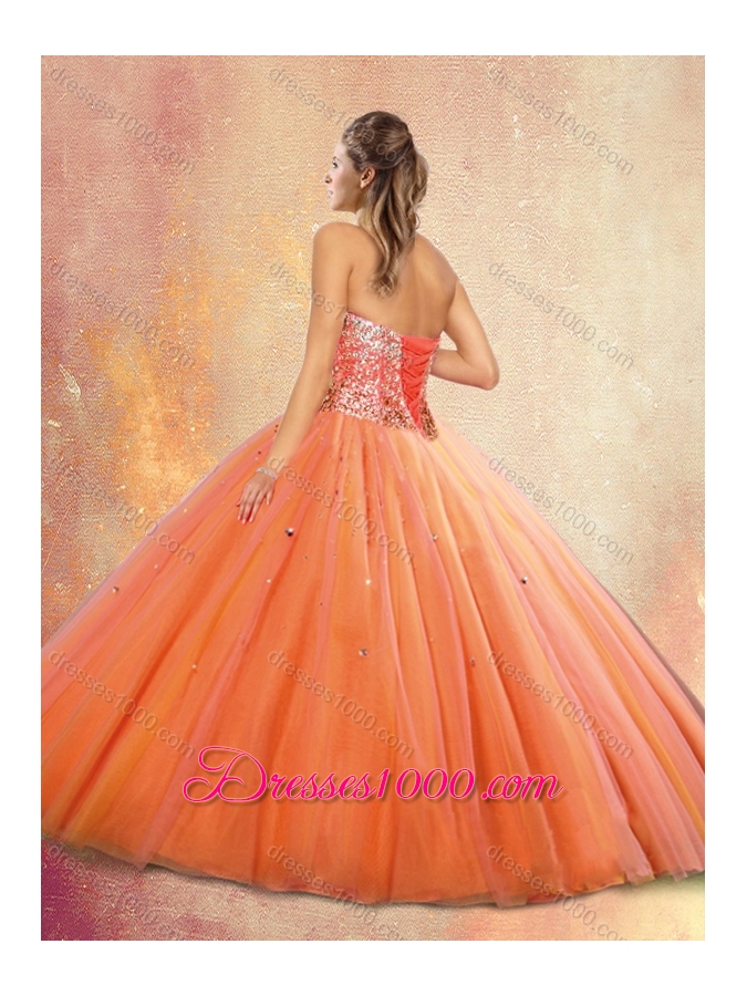 Customized Sweetheart Orange Red Quinceanera Gowns with Beading