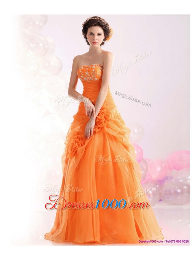 Hot Sale Strapless Beading Prom Dresses with Hand Made Flowers