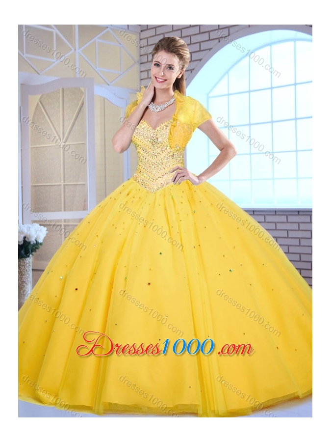 Modest Ball Gown Yellow Sweet 16 Gowns with Beading