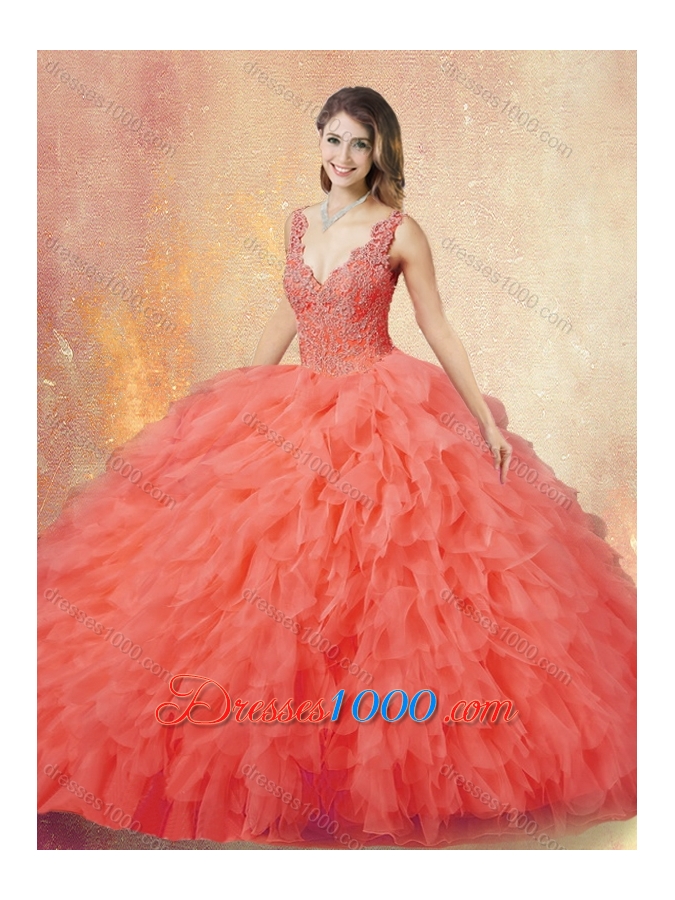 New Arrivals V Neck Sweet 16 Dresses with Ruffles and Appliques