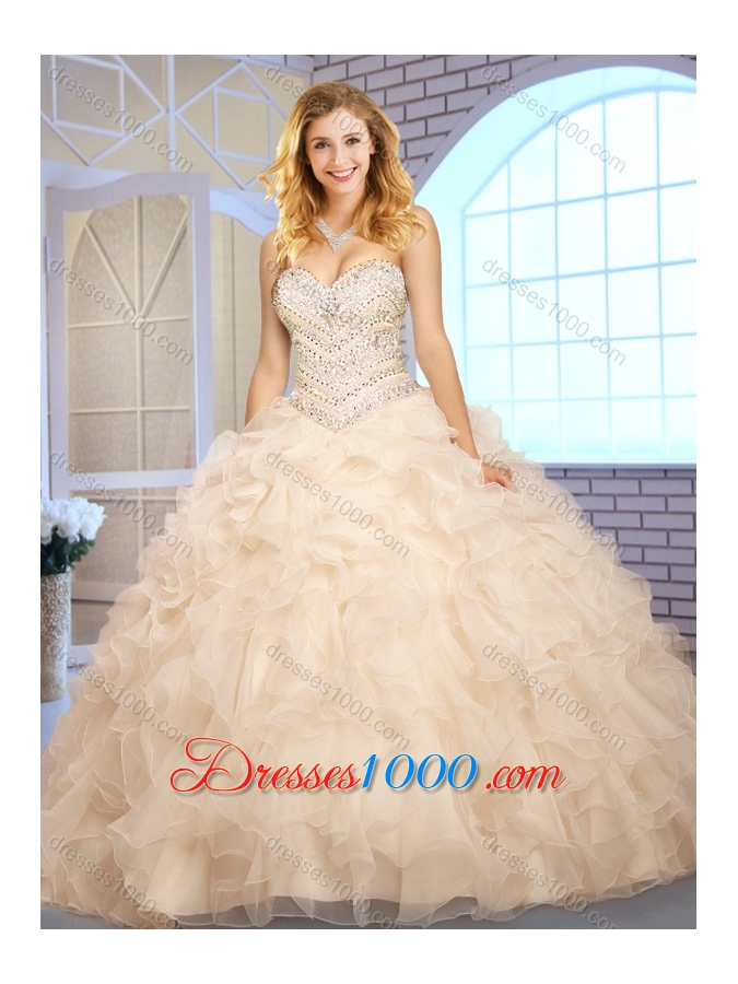 Beautiful Ball Gown Champagne Sweet 16 Dresses with Beading and Ruffles