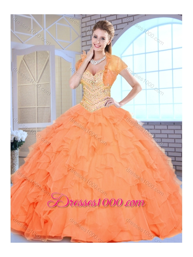 Beautiful Sweetheart Beading and Ruffles Sweet 16 Dresses in Orange