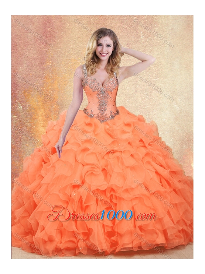 Beautiful Straps Orange Red Sweet 16 Dresses with Ruffles and Appliques