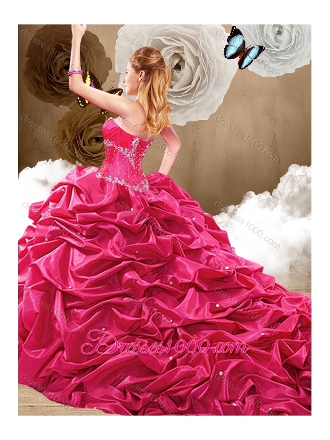 Discount Brush Train Hot Pink Sweet 16 Dresses with Pick Ups