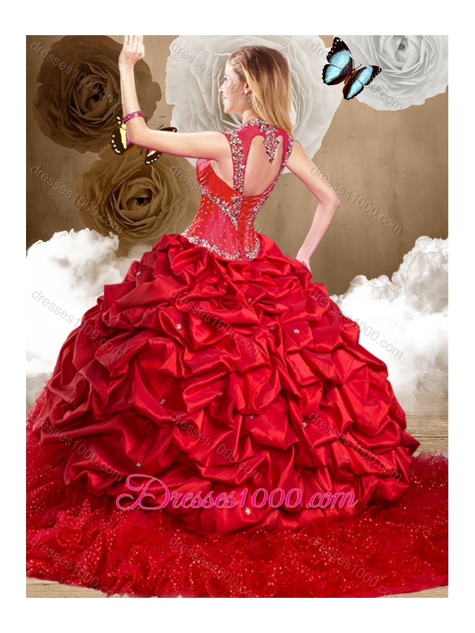 Fashionable Red Sweet 16 Dresses with Beading and Pick Ups