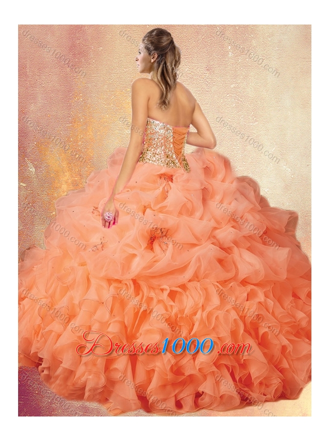 Customized Brush Train Sweet 16 Gowns with Ruffles and Pick Ups