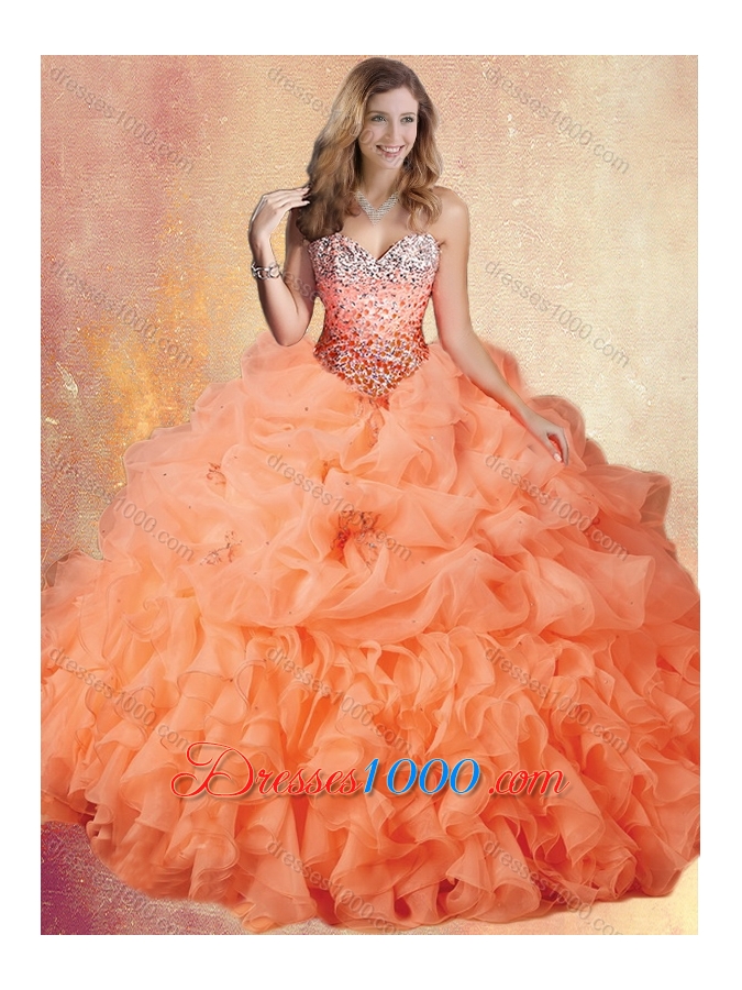 Customized Brush Train Sweet 16 Gowns with Ruffles and Pick Ups