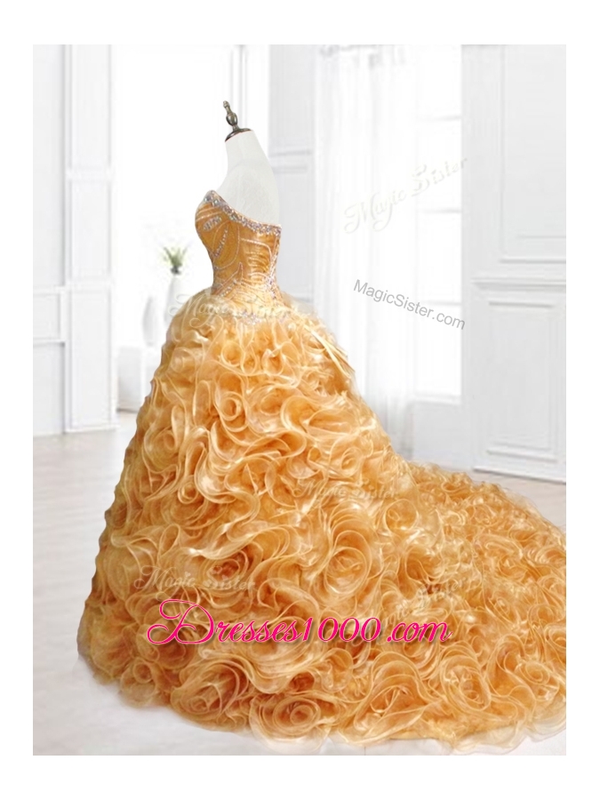 Elegant Sweetheart Rolling Flowers Brush Train Quinceanera Dresses with Beading