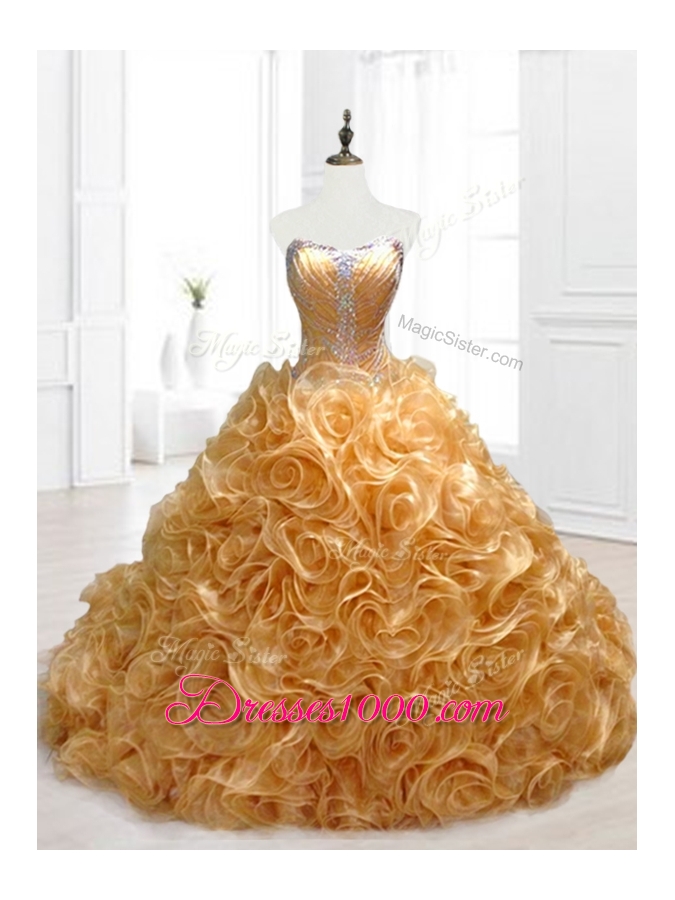 Elegant Sweetheart Rolling Flowers Brush Train Quinceanera Dresses with Beading