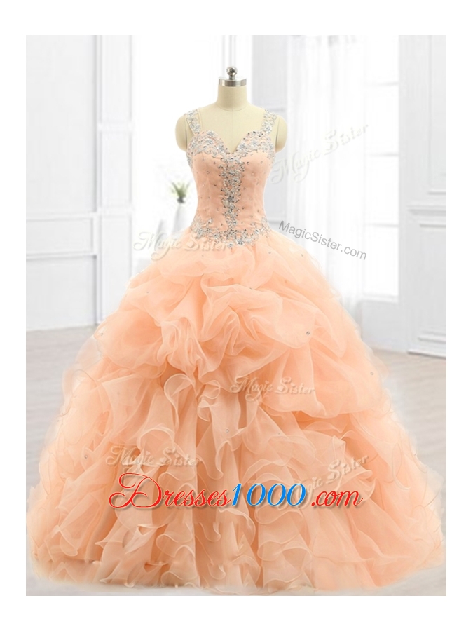 Cheap Straps Beading and Ruffles Quinceanera Dresses in Peach