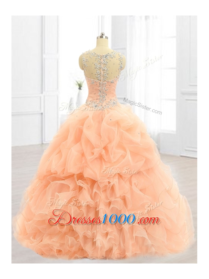 Cheap Straps Beading and Ruffles Quinceanera Dresses in Peach