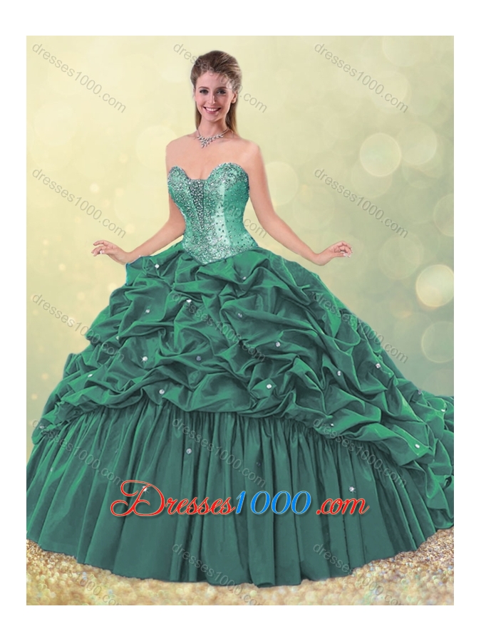 2016 Elegant Puffy Skirt Beaded Teal Quinceanera Dress with Brush Train