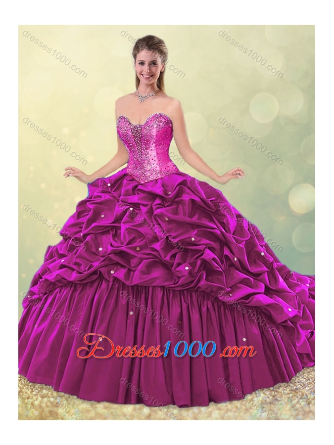2016 Elegant Puffy Skirt Beaded Teal Quinceanera Dress with Brush Train