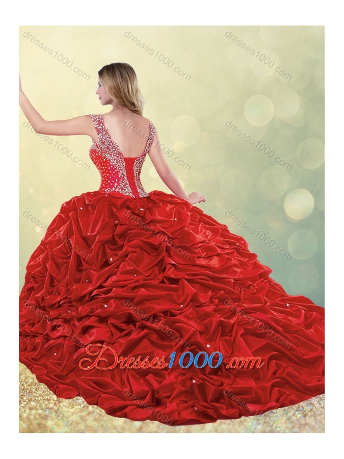 2016 Elegant Puffy Skirt Beaded Teal Quinceanera Dress with Brush Train