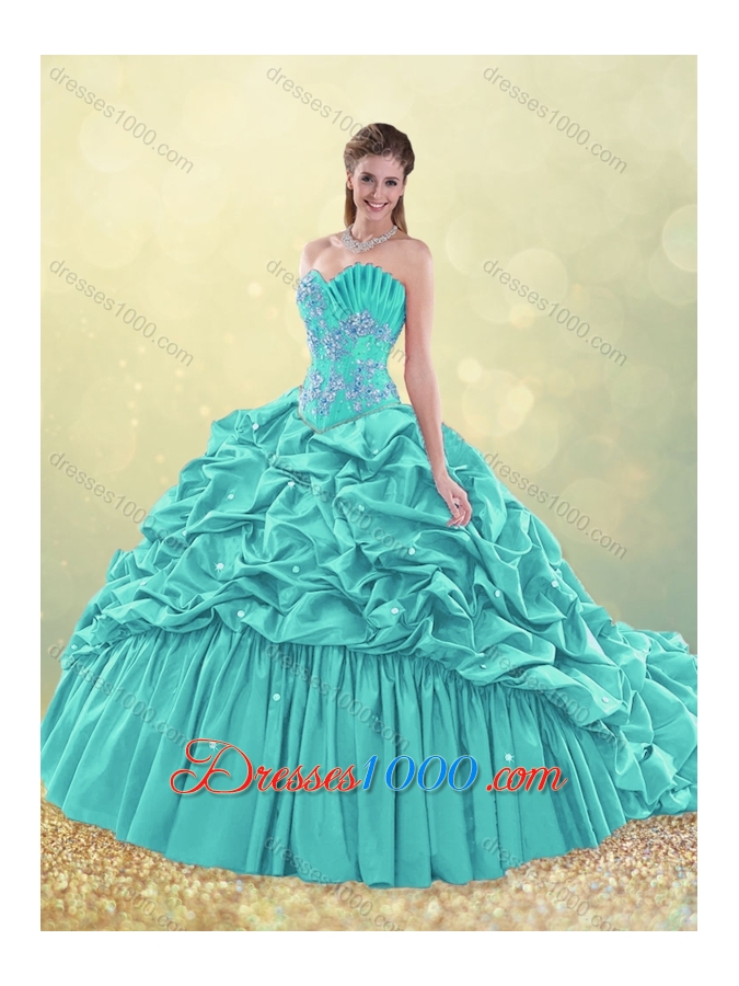 2016 Exquisite Brush Train Taffeta Quinceanera Dress in Aqua Blue