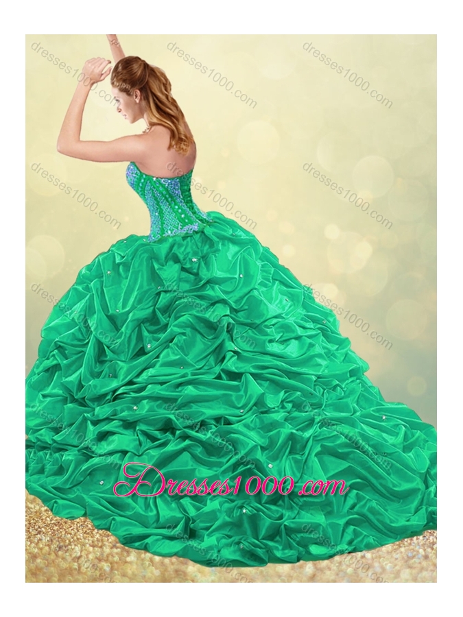 Beautiful Brush Train Teal Quinceanera Dress with Beading and Bubbles