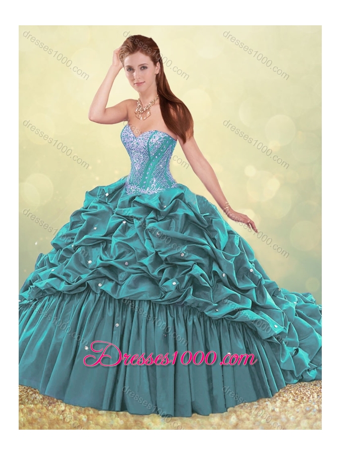 Beautiful Brush Train Teal Quinceanera Dress with Beading and Bubbles