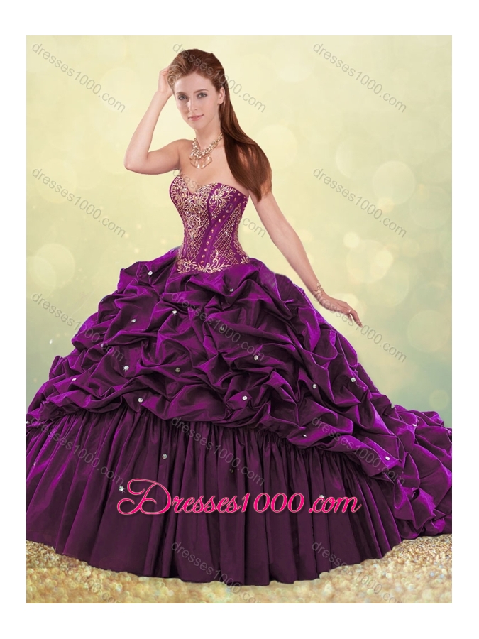 Beautiful Brush Train Teal Quinceanera Dress with Beading and Bubbles