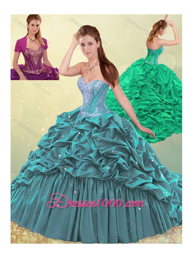 Beautiful Brush Train Teal Quinceanera Dress with Beading and Bubbles