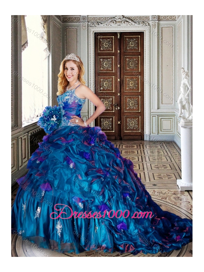 Spaghetti Straps Beaded and Applique Teal Quinceanera Dresses with Brush Train