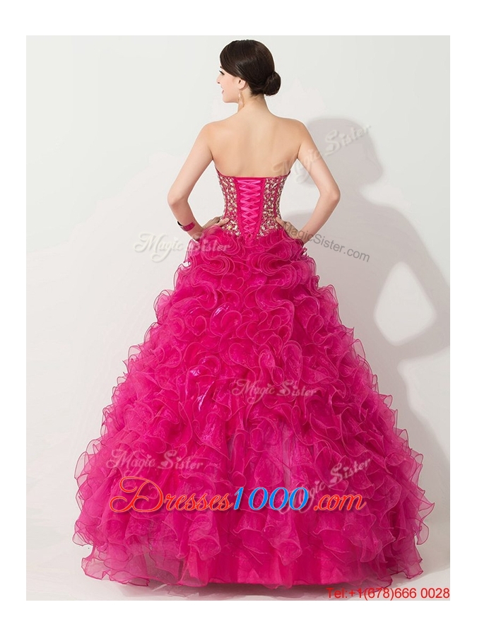 Visible Boning Hot Pink Quinceanera Gown with Beading and Ruffles