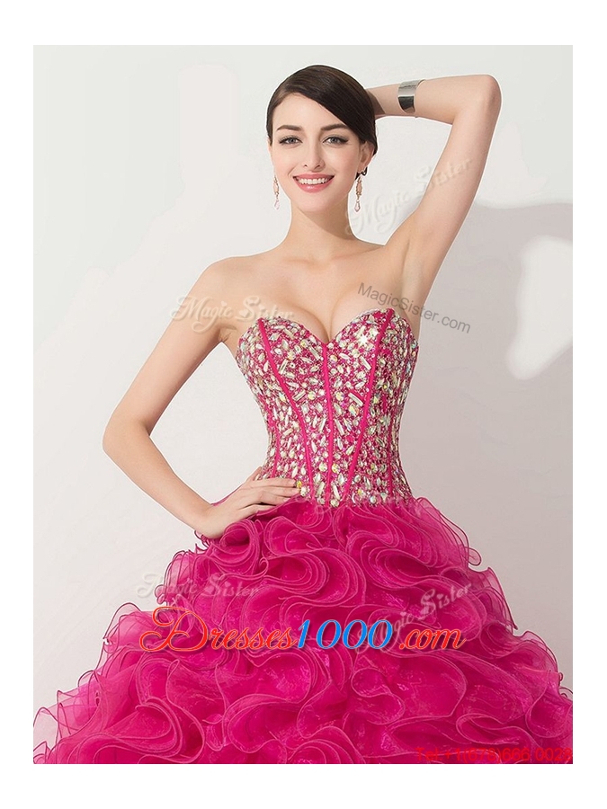Visible Boning Hot Pink Quinceanera Gown with Beading and Ruffles