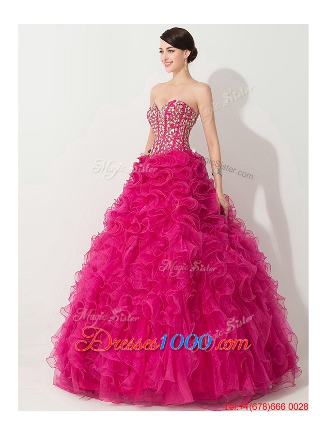 Visible Boning Hot Pink Quinceanera Gown with Beading and Ruffles
