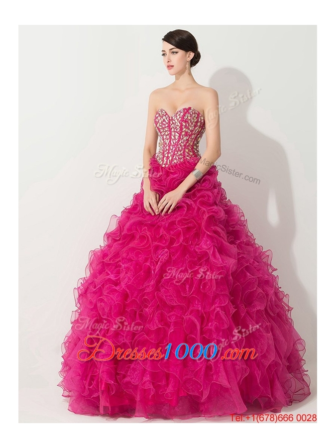Visible Boning Hot Pink Quinceanera Gown with Beading and Ruffles