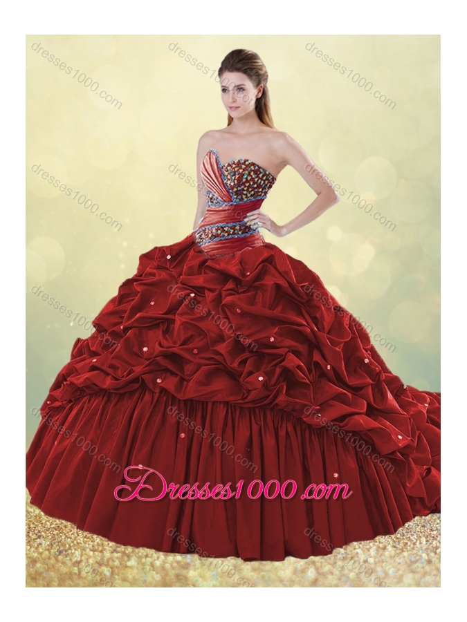 2016 Clearance Brush Train Taffeta Bubble Quinceanera Dress in Turquoise