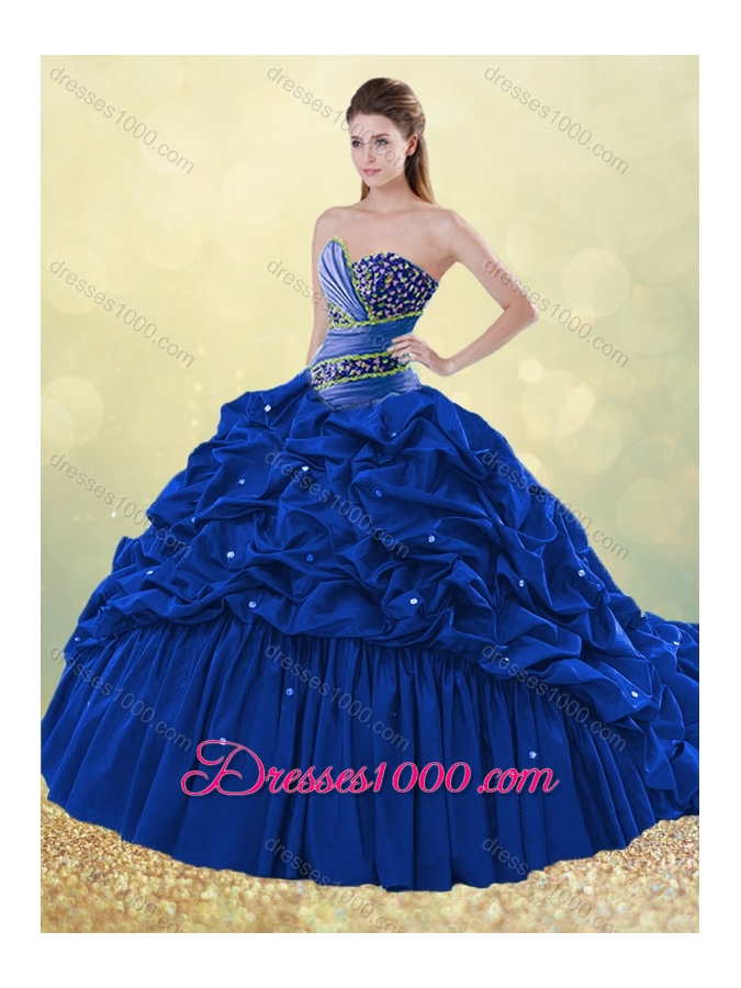 2016 Clearance Brush Train Taffeta Bubble Quinceanera Dress in Turquoise