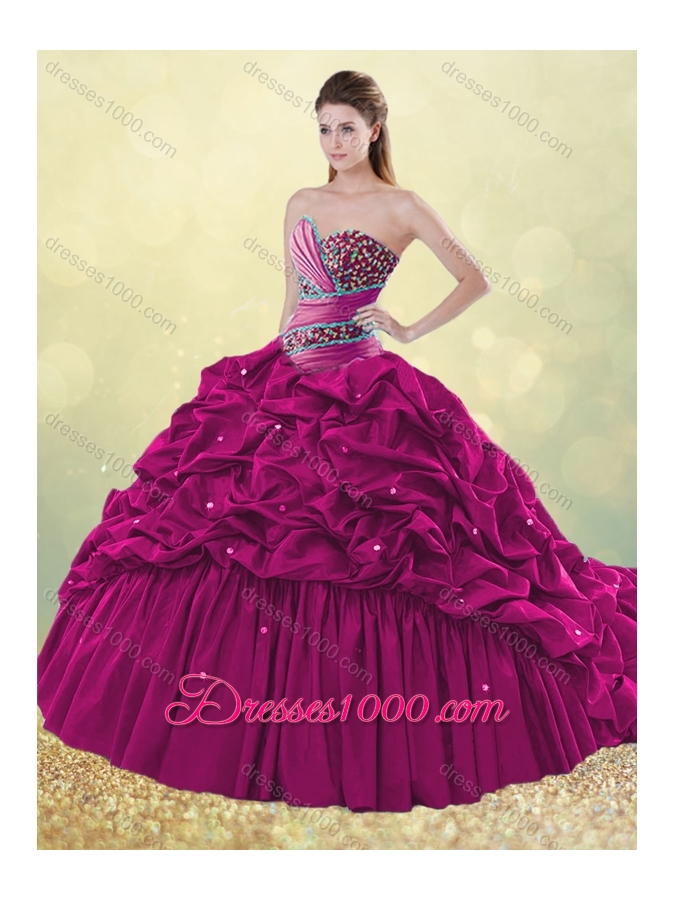 2016 Clearance Brush Train Taffeta Bubble Quinceanera Dress in Turquoise