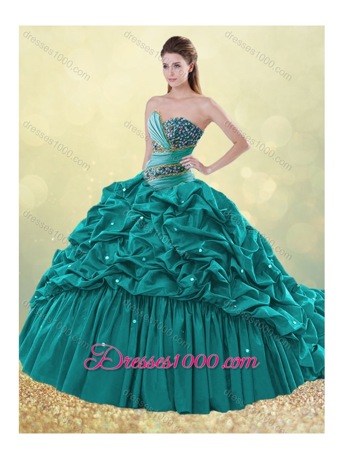 2016 Clearance Brush Train Taffeta Bubble Quinceanera Dress in Turquoise