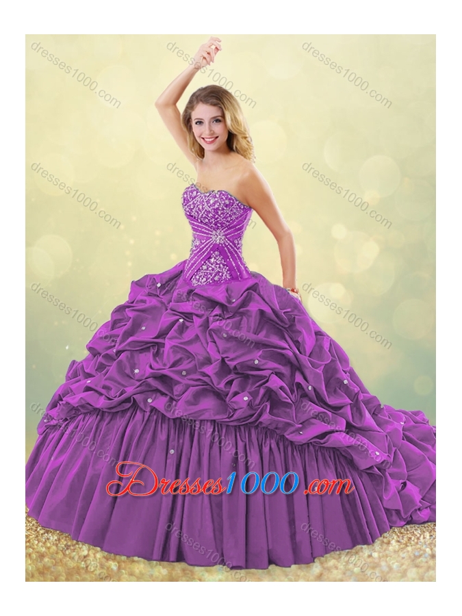 Clearance Big Puffy Brush Train Taffeta Quinceanera Dress in Purple