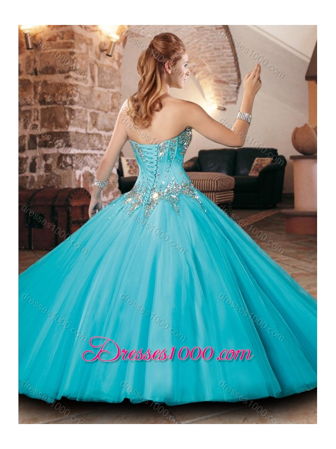 Pretty Visible Boning Tulle Beaded Quinceanera Dress in Aqua Blue