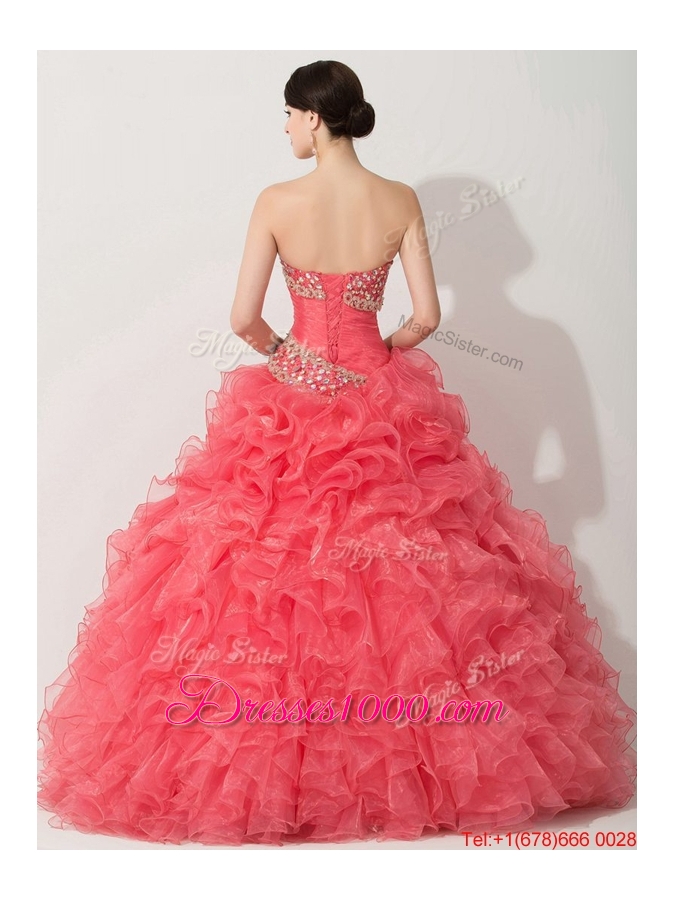 Princess Coral Red Sweet 16 Dress with Beading and Ruffle
