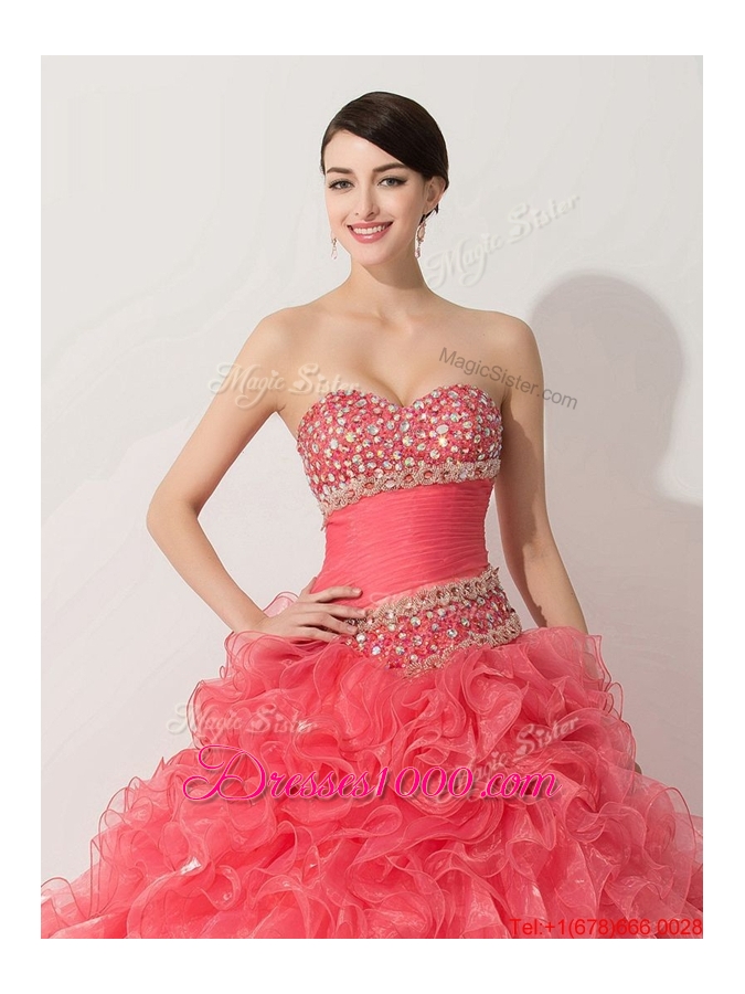 Princess Coral Red Sweet 16 Dress with Beading and Ruffle