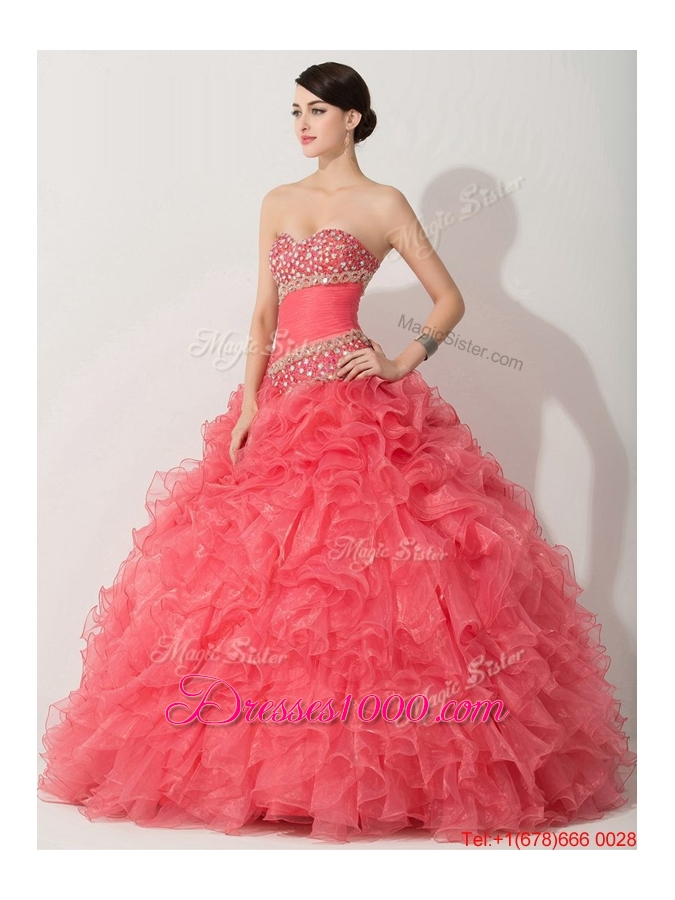 Princess Coral Red Sweet 16 Dress with Beading and Ruffle