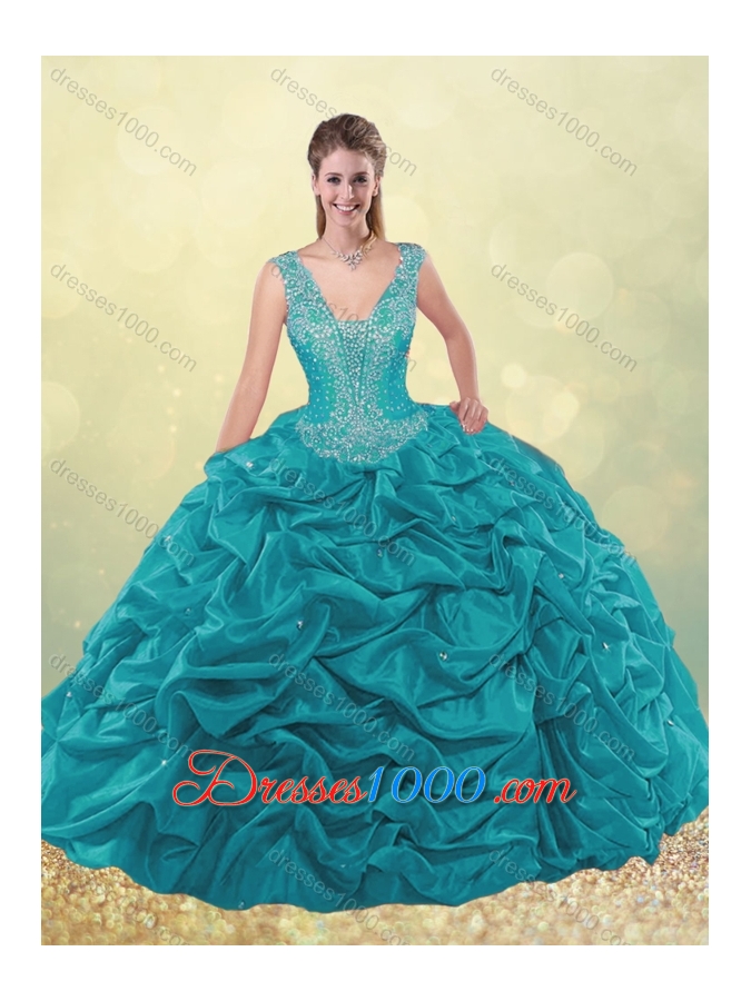 Sweet Beaded Bodice Straps Taffeta Quinceanera Dress with Bubbles
