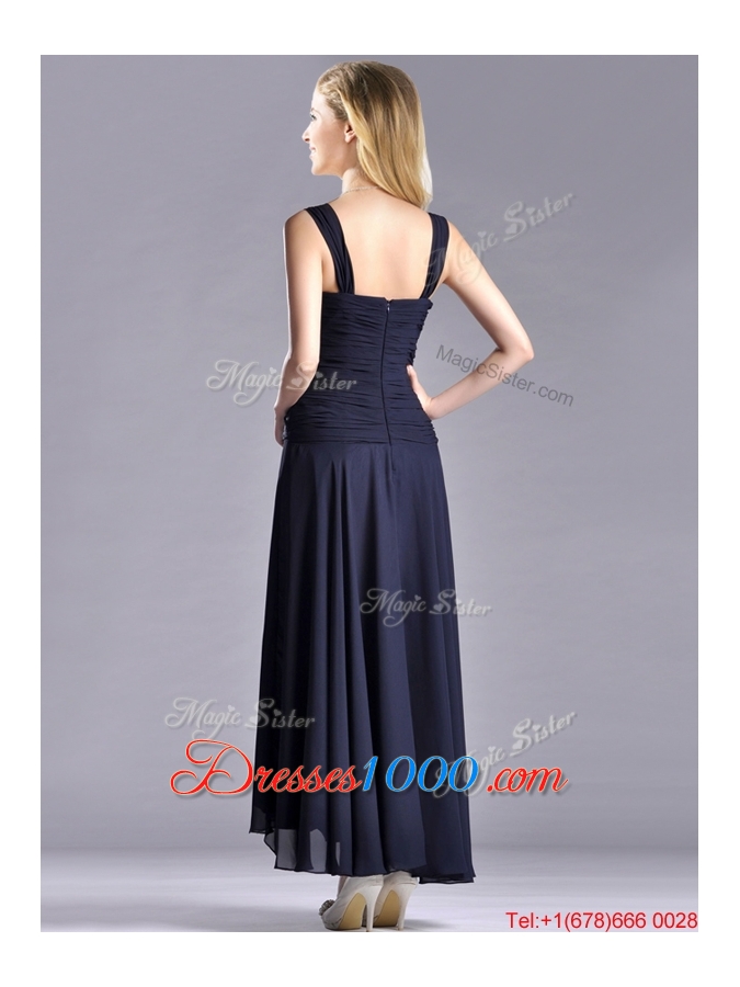 Beautiful Straps Black Chiffon Mother of Bride Dress with High Low